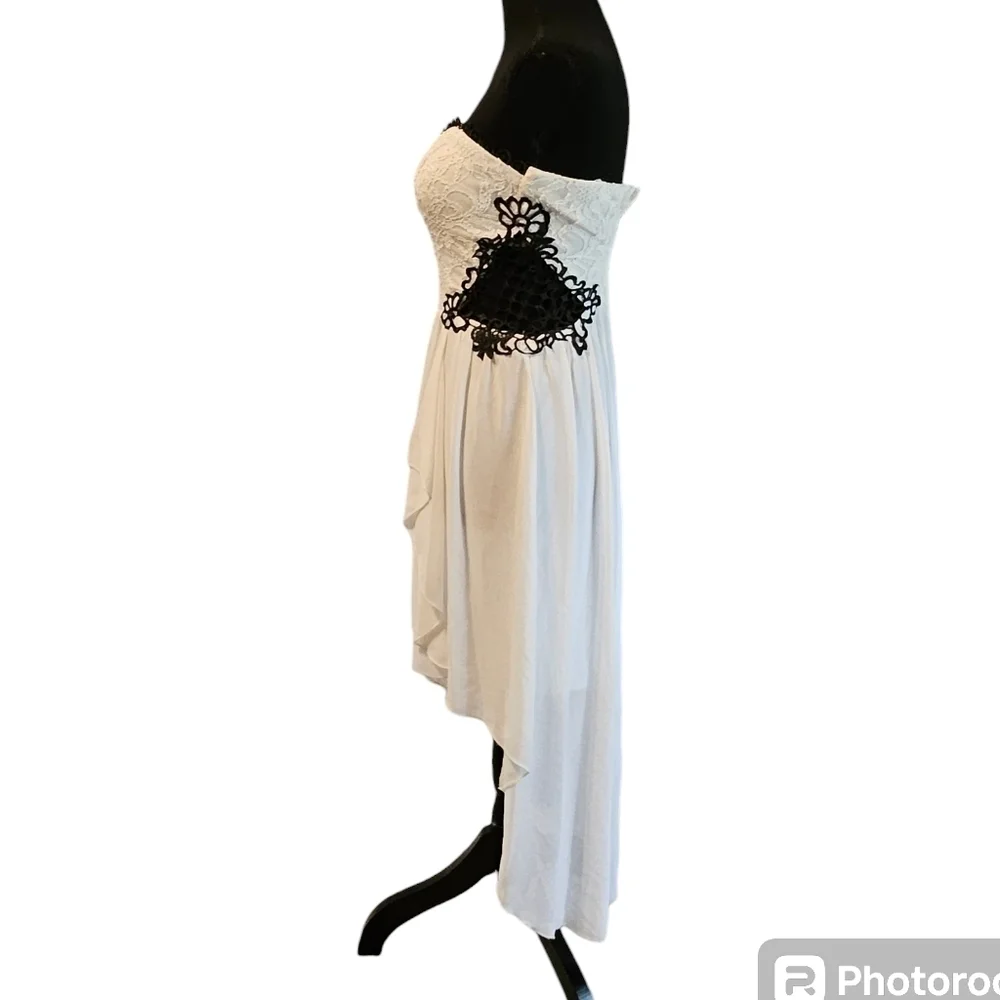 Jodi Kristopher Black White Lace Sheer Crochet Formal Asymmetrical Dress Sz 3 - Picture 10 of 16